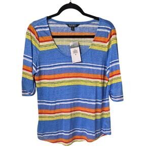 Lauren Ralph Lauren Striped Linen Scoop Neck Top Womens Size Medium NWT